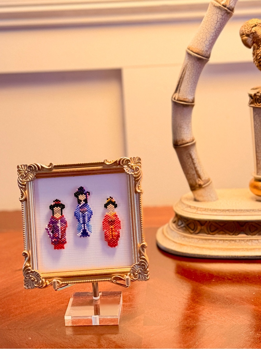 Framed Kimono Girls Miniature Art • Handmade Seed Bead Decor - Picture 6 of 7